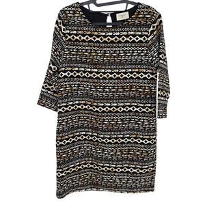 Everly Anthropologie Black Southwest Aztec Print 3/4 Sleeve Short Shift Dress S